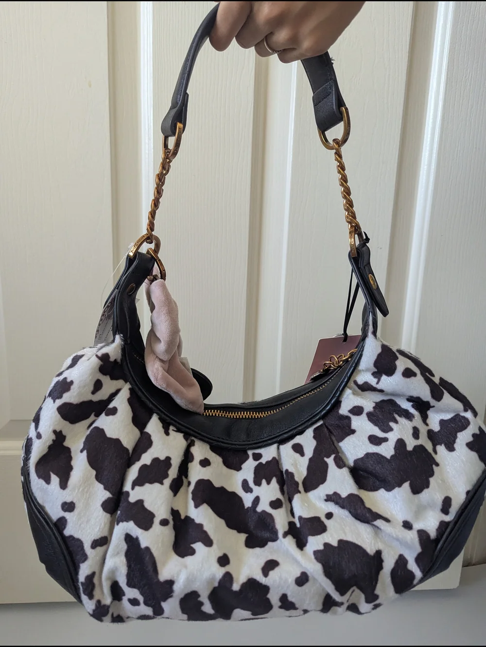 Juicy Couture Romance Cow Print Faux Fur Hobo Shoulder Bag Liquorice/White Y2k
